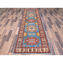 Load image into Gallery viewer, 2&#39;9&quot;x9&#39;5&quot; Seaworthy Blue and Vivid White, Vegetable Dyes Extra Soft Wool, Densely Woven Hand Knotted, Special Kazak and Geometric Design, Runner Oriental Rug FWR518730