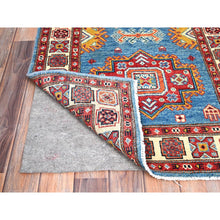 Load image into Gallery viewer, 2&#39;9&quot;x9&#39;5&quot; Seaworthy Blue and Vivid White, Vegetable Dyes Extra Soft Wool, Densely Woven Hand Knotted, Special Kazak and Geometric Design, Runner Oriental Rug FWR518730