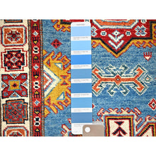 Load image into Gallery viewer, 2&#39;9&quot;x9&#39;5&quot; Seaworthy Blue and Vivid White, Vegetable Dyes Extra Soft Wool, Densely Woven Hand Knotted, Special Kazak and Geometric Design, Runner Oriental Rug FWR518730