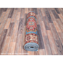 Load image into Gallery viewer, 2&#39;9&quot;x9&#39;5&quot; Seaworthy Blue and Vivid White, Vegetable Dyes Extra Soft Wool, Densely Woven Hand Knotted, Special Kazak and Geometric Design, Runner Oriental Rug FWR518730