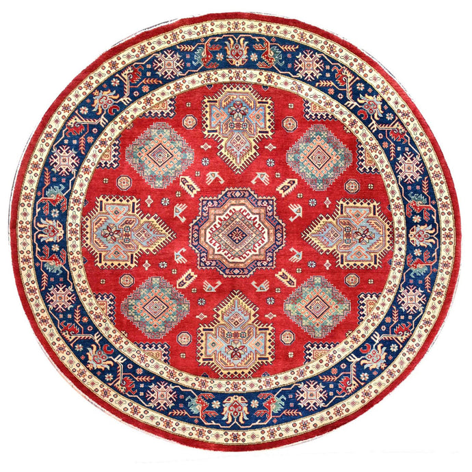 9'x9' Rufous Red, Denser Weave Special Kazak Geometric Design, Vegetable Dyes and Natural Wool, Hand Knotted Round Oriental Rug FWR518856