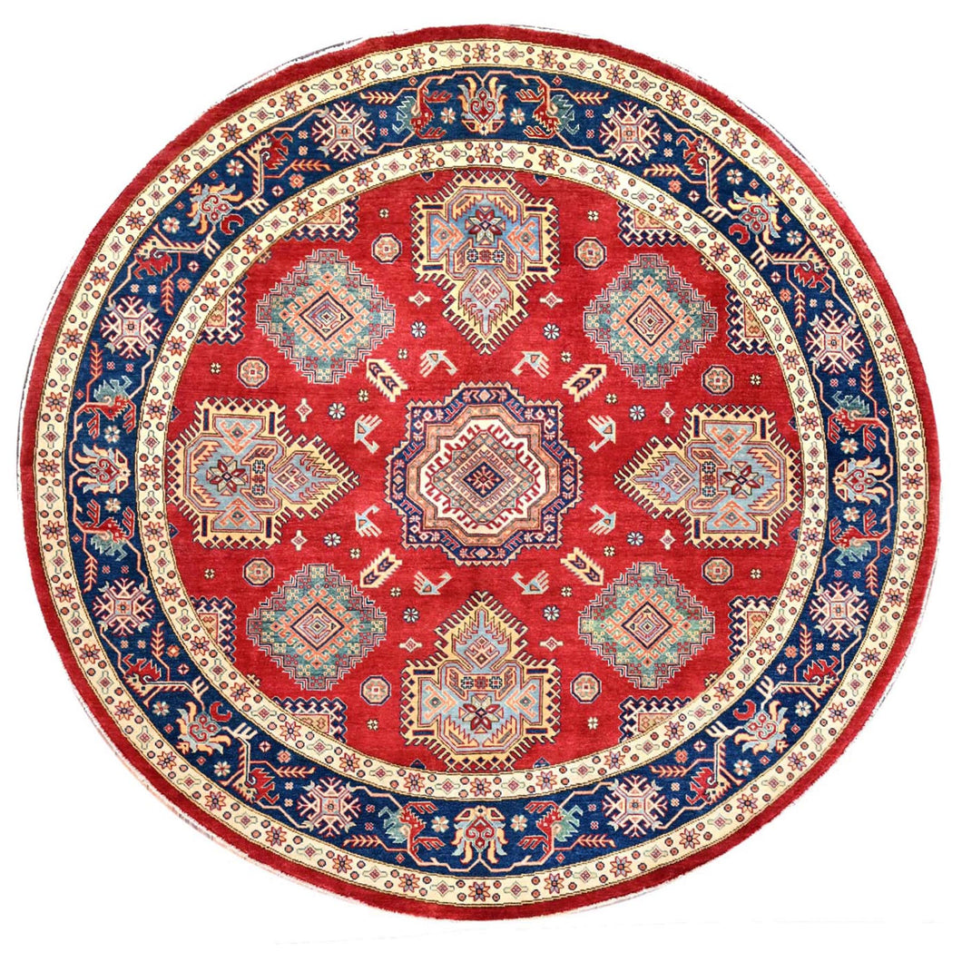 9'x9' Rufous Red, Denser Weave Special Kazak Geometric Design, Vegetable Dyes and Natural Wool, Hand Knotted Round Oriental Rug FWR518856