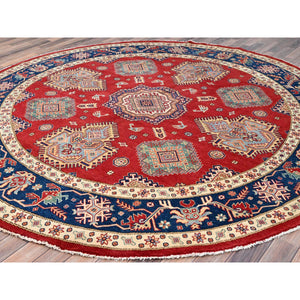 9'x9' Rufous Red, Denser Weave Special Kazak Geometric Design, Vegetable Dyes and Natural Wool, Hand Knotted Round Oriental Rug FWR518856