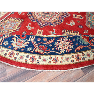 9'x9' Rufous Red, Denser Weave Special Kazak Geometric Design, Vegetable Dyes and Natural Wool, Hand Knotted Round Oriental Rug FWR518856