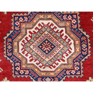 9'x9' Rufous Red, Denser Weave Special Kazak Geometric Design, Vegetable Dyes and Natural Wool, Hand Knotted Round Oriental Rug FWR518856