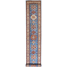 Load image into Gallery viewer, 3&#39;x19&#39;8&quot; King Triton Blue, Natural Wool Natural Dyes, Hand Knotted, Afghan Super Kazak with Large Medallions Design, Densely Woven, XL Runner Oriental Rug FWR518934