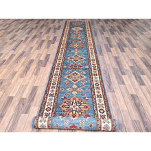 Load image into Gallery viewer, 3&#39;x19&#39;8&quot; King Triton Blue, Natural Wool Natural Dyes, Hand Knotted, Afghan Super Kazak with Large Medallions Design, Densely Woven, XL Runner Oriental Rug FWR518934