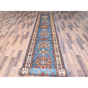 3'x19'8" King Triton Blue, Natural Wool Natural Dyes, Hand Knotted, Afghan Super Kazak with Large Medallions Design, Densely Woven, XL Runner Oriental Rug FWR518934