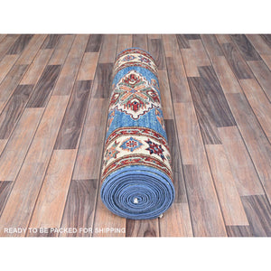 3'x19'8" King Triton Blue, Natural Wool Natural Dyes, Hand Knotted, Afghan Super Kazak with Large Medallions Design, Densely Woven, XL Runner Oriental Rug FWR518934