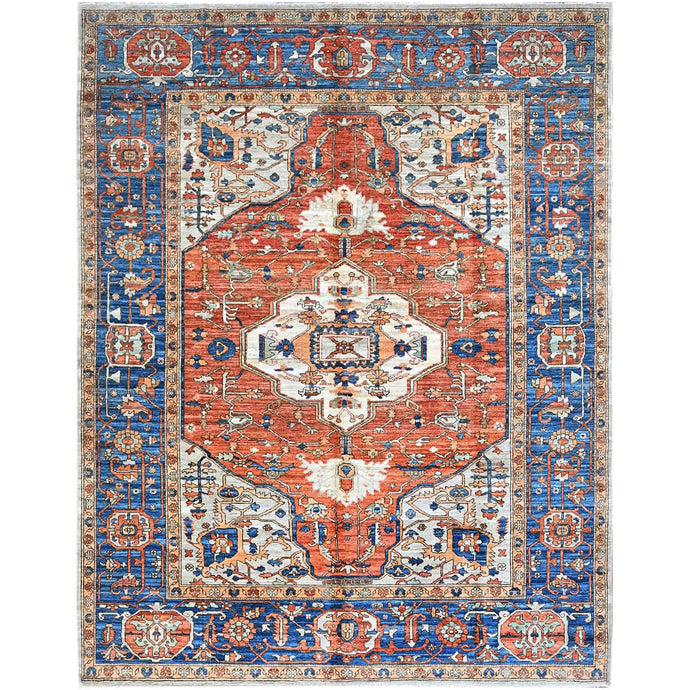 8'x10' Smashed Pumpkin Orange, Vegetable Dyes With Goose Gray Corners, Hand Knotted Velvety Wool, Broad Borders, Aryana Collection With Centre Geometric Medallion, Oriental Rug FWR519054