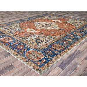 8'x10' Smashed Pumpkin Orange, Vegetable Dyes With Goose Gray Corners, Hand Knotted Velvety Wool, Broad Borders, Aryana Collection With Centre Geometric Medallion, Oriental Rug FWR519054