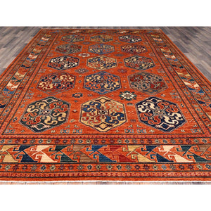 8'10"x11'10" Sun Orange, Hand Knotted, Vegetable Dyes, Natural Wool, Denser Weave, Afghan Super Kazak with Geometric Elements, Oriental Rug FWR519234