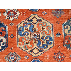 8'10"x11'10" Sun Orange, Hand Knotted, Vegetable Dyes, Natural Wool, Denser Weave, Afghan Super Kazak with Geometric Elements, Oriental Rug FWR519234