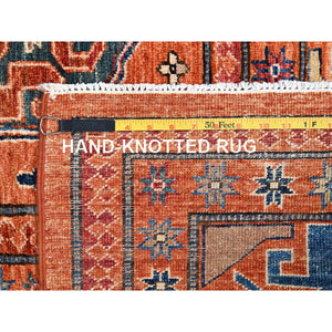 8'10"x11'10" Sun Orange, Hand Knotted, Vegetable Dyes, Natural Wool, Denser Weave, Afghan Super Kazak with Geometric Elements, Oriental Rug FWR519234