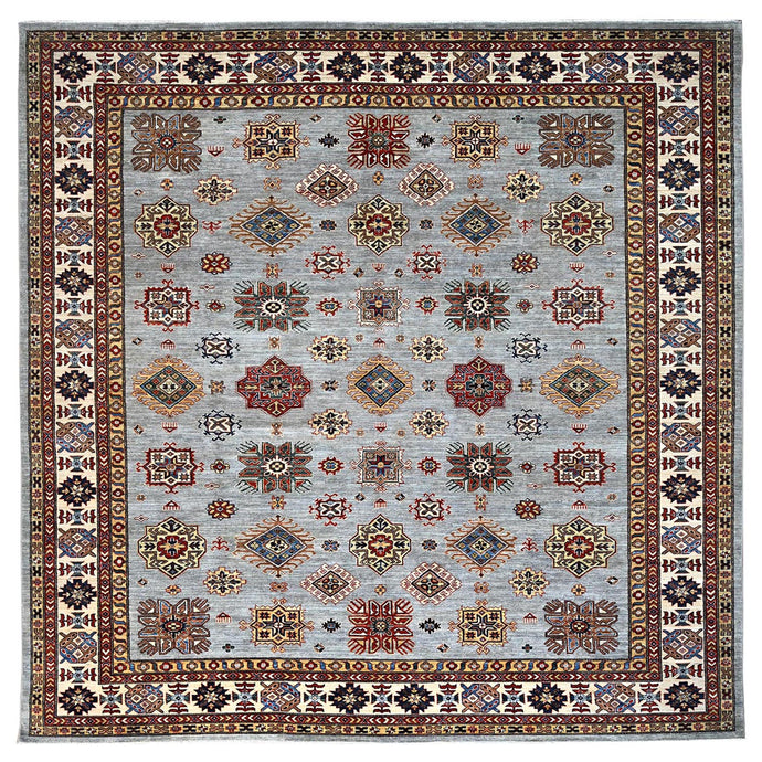 12'x12' Nimbus Cloud Gray, Afghan Super Kazak with All Over Geometric Motifs, Natural Dyes, Hand Knotted, Organic Wool, Oriental Square Rug FWR519324