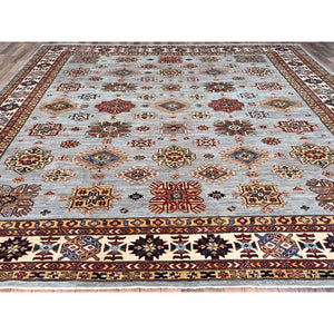 12'x12' Nimbus Cloud Gray, Afghan Super Kazak with All Over Geometric Motifs, Natural Dyes, Hand Knotted, Organic Wool, Oriental Square Rug FWR519324