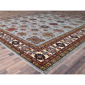 12'x12' Nimbus Cloud Gray, Afghan Super Kazak with All Over Geometric Motifs, Natural Dyes, Hand Knotted, Organic Wool, Oriental Square Rug FWR519324