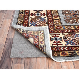 12'x12' Nimbus Cloud Gray, Afghan Super Kazak with All Over Geometric Motifs, Natural Dyes, Hand Knotted, Organic Wool, Oriental Square Rug FWR519324