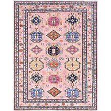 Load image into Gallery viewer, 5&#39;1&quot;x6&#39;7&quot; Flamingo Pink and Navajo White, Denser Weave, 100% Wool, Hand Knotted, Afghan Super Kazak With Large Geometric Medallions, Natural Dyes, Oriental Rug FWR519414