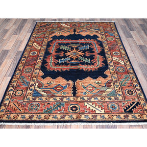 4'1"x6'2" Broncos Blue, Denser Weave, Heriz Vegetable Dyes Design, Hand Knotted, Extra Soft Wool, Oriental Rug FWR519534