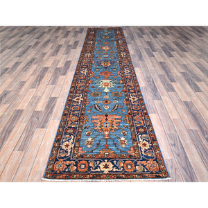 2'8"x12'10" Azure Blue, Luxurious Wool, Denser Weave, Hand Knotted, All Over Heriz Design, Oriental Aryana Collection, Runner Rug FWR519570