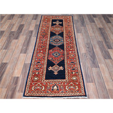 Load image into Gallery viewer, 2&#39;x6&#39;1&quot; Yankees Blue With Broad Border, All Over Heriz Design, Densely Woven, 100% Wool, Hand Knotted Aryana, Oriental Runner Rug FWR519576