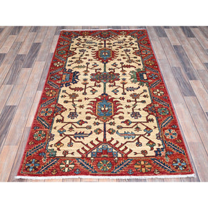 3'2"X6'1" Tuscan Beige With Carmine Red Border, Luxurious Wool, Hand Knotted, Natural Dyes, Aryana Collection, Oriental Rug FWR519642