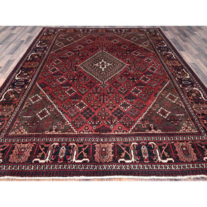 8'1"x11'3" Merlot Red, 100% Wool, Sides and Ends Professionally Secured and Cleaned, Even Wear, Vintage Persian Joshagan With Diamond Shaped Central Medallion Hand Knotted Oriental Rug FWR519684