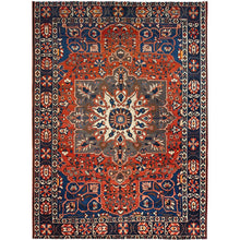 Load image into Gallery viewer, 8&#39;7&quot;x11&#39;7&quot; Tangarine Tango Red With College Navy Blue Border, All Natural Wool, Hand Knotted, Vintage Persian Bakhtiar With Large Flower Center Medallion, Densely Woven, Oriental Rug FWR519696