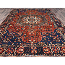 Load image into Gallery viewer, 8&#39;7&quot;x11&#39;7&quot; Tangarine Tango Red With College Navy Blue Border, All Natural Wool, Hand Knotted, Vintage Persian Bakhtiar With Large Flower Center Medallion, Densely Woven, Oriental Rug FWR519696