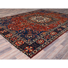 Load image into Gallery viewer, 8&#39;7&quot;x11&#39;7&quot; Tangarine Tango Red With College Navy Blue Border, All Natural Wool, Hand Knotted, Vintage Persian Bakhtiar With Large Flower Center Medallion, Densely Woven, Oriental Rug FWR519696