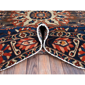 8'7"x11'7" Tangarine Tango Red With College Navy Blue Border, All Natural Wool, Hand Knotted, Vintage Persian Bakhtiar With Large Flower Center Medallion, Densely Woven, Oriental Rug FWR519696