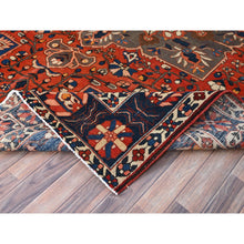 Load image into Gallery viewer, 8&#39;7&quot;x11&#39;7&quot; Tangarine Tango Red With College Navy Blue Border, All Natural Wool, Hand Knotted, Vintage Persian Bakhtiar With Large Flower Center Medallion, Densely Woven, Oriental Rug FWR519696