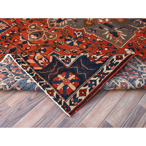 8'7"x11'7" Tangarine Tango Red With College Navy Blue Border, All Natural Wool, Hand Knotted, Vintage Persian Bakhtiar With Large Flower Center Medallion, Densely Woven, Oriental Rug FWR519696