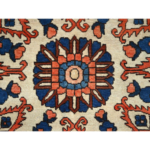 8'7"x11'7" Tangarine Tango Red With College Navy Blue Border, All Natural Wool, Hand Knotted, Vintage Persian Bakhtiar With Large Flower Center Medallion, Densely Woven, Oriental Rug FWR519696