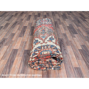 8'7"x11'7" Tangarine Tango Red With College Navy Blue Border, All Natural Wool, Hand Knotted, Vintage Persian Bakhtiar With Large Flower Center Medallion, Densely Woven, Oriental Rug FWR519696