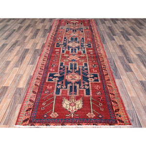 3'7"x10'3" Summer Fig Red, Great Condition, Vintage Persian Heriz, Even Wear, 100% Wool, Cropped Thin, Hand Knotted, Sides and Ends Secured, Tribal Floor Art, Runner Oriental Rug FWR519882