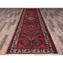 Load image into Gallery viewer, 3&#39;3&quot;x10&#39;6&quot; Upsdell Red, Vintage North West Persian, Vibrant Geometric Pattern, All Wool, Cropped Thin, Even Wear With No Holes, Sides And Ends Secured Professionally, Great Condition, Runner Oriental Rug FWR519972