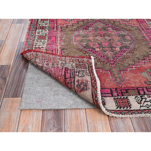 3'6"x10'9" Multicolored, Sheared Low Distressed Look, Cropped Thin, Evenly Worn, Soft Wool, Hand Knotted, Persian Heriz, Sides and Ends Professionally Secured, Antique Runner Oriental Rug FWR519984