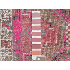 3'6"x10'9" Multicolored, Sheared Low Distressed Look, Cropped Thin, Evenly Worn, Soft Wool, Hand Knotted, Persian Heriz, Sides and Ends Professionally Secured, Antique Runner Oriental Rug FWR519984