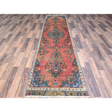 Load image into Gallery viewer, 2&#39;5&quot;x10&#39;8&quot; Indian Red, Narrow Vintage Persian Bibikabad, Hand Knotted With Extra Soft Wool, Good Condition, Professionally Secured, Cropped Thin, Distressed Look, Runner Oriental Rug FWR520146