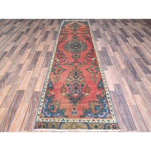 2'5"x10'8" Indian Red, Narrow Vintage Persian Bibikabad, Hand Knotted With Extra Soft Wool, Good Condition, Professionally Secured, Cropped Thin, Distressed Look, Runner Oriental Rug FWR520146