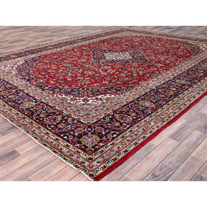 9'9"x13' Ajax Red, Hand Knotted Vintage Persian Kashan With Central Medallion Design, Sides and Ends Professionally Secured and Cleaned, Mint Condition, Fine Wool Pile, Oriental Rug FWR520176