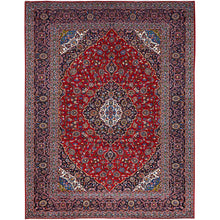 Load image into Gallery viewer, 10&#39;1&quot;x13&#39; Angels Red, Blue Border and Corners, Old Persian Kashan Hand Knotted Medallion Design, Nomad Creation, Full Pile, Vegetable Dyes, All Wool Oriental Rug FWR520182