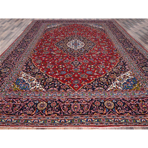 10'1"x13' Angels Red, Blue Border and Corners, Old Persian Kashan Hand Knotted Medallion Design, Nomad Creation, Full Pile, Vegetable Dyes, All Wool Oriental Rug FWR520182