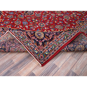 10'1"x13' Angels Red, Blue Border and Corners, Old Persian Kashan Hand Knotted Medallion Design, Nomad Creation, Full Pile, Vegetable Dyes, All Wool Oriental Rug FWR520182