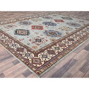 9'x11'9" Tempered Gray, Afghan Super Kazak with Geometric Medallions Design, Natural Dyes, Denser Weave, Velvety Wool, Hand Knotted, Oriental Rug FWR520278