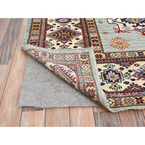 9'x11'9" Tempered Gray, Afghan Super Kazak with Geometric Medallions Design, Natural Dyes, Denser Weave, Velvety Wool, Hand Knotted, Oriental Rug FWR520278