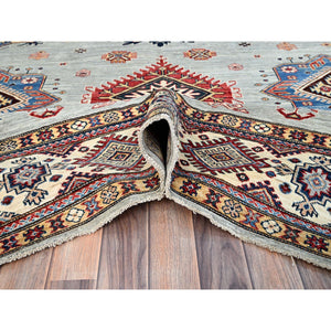 9'x11'9" Tempered Gray, Afghan Super Kazak with Geometric Medallions Design, Natural Dyes, Denser Weave, Velvety Wool, Hand Knotted, Oriental Rug FWR520278