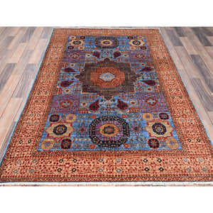 4'x6'5" Azure Blue and Aesthetic White, Vegetable Dyes, Hand Knotted Medallions Design, 200 KPSI, Pure Wool, 14th Century Mamluk Dynasty Oriental Rug FWR520476